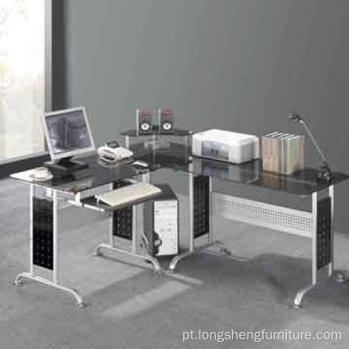 Mesa de trabalho de vidro em formato de L grande para escritório